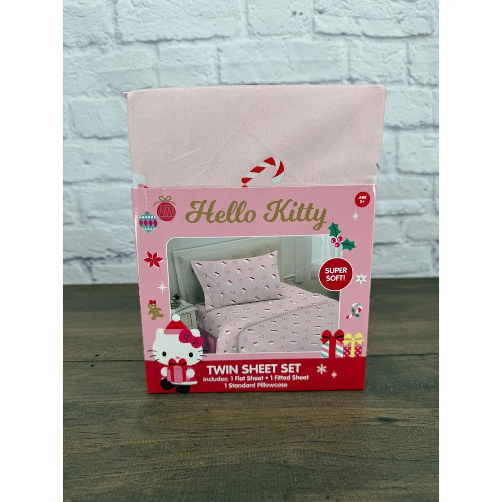 Hello Kitty Christmas Twin Sheet Set Pink Candy Cane Love 3 Piece Sanrio Bedding